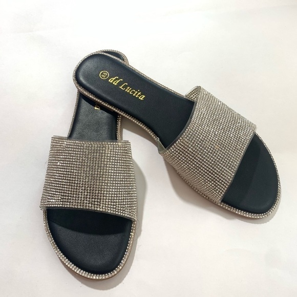 NEW Rhinestones Open Toe Slip On Sandals - Picture 1 of 6